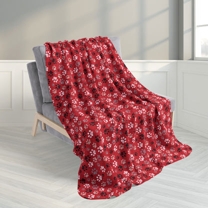 50" × 60" Black & White Paw Prints Red Fleece Sherpa Blanket