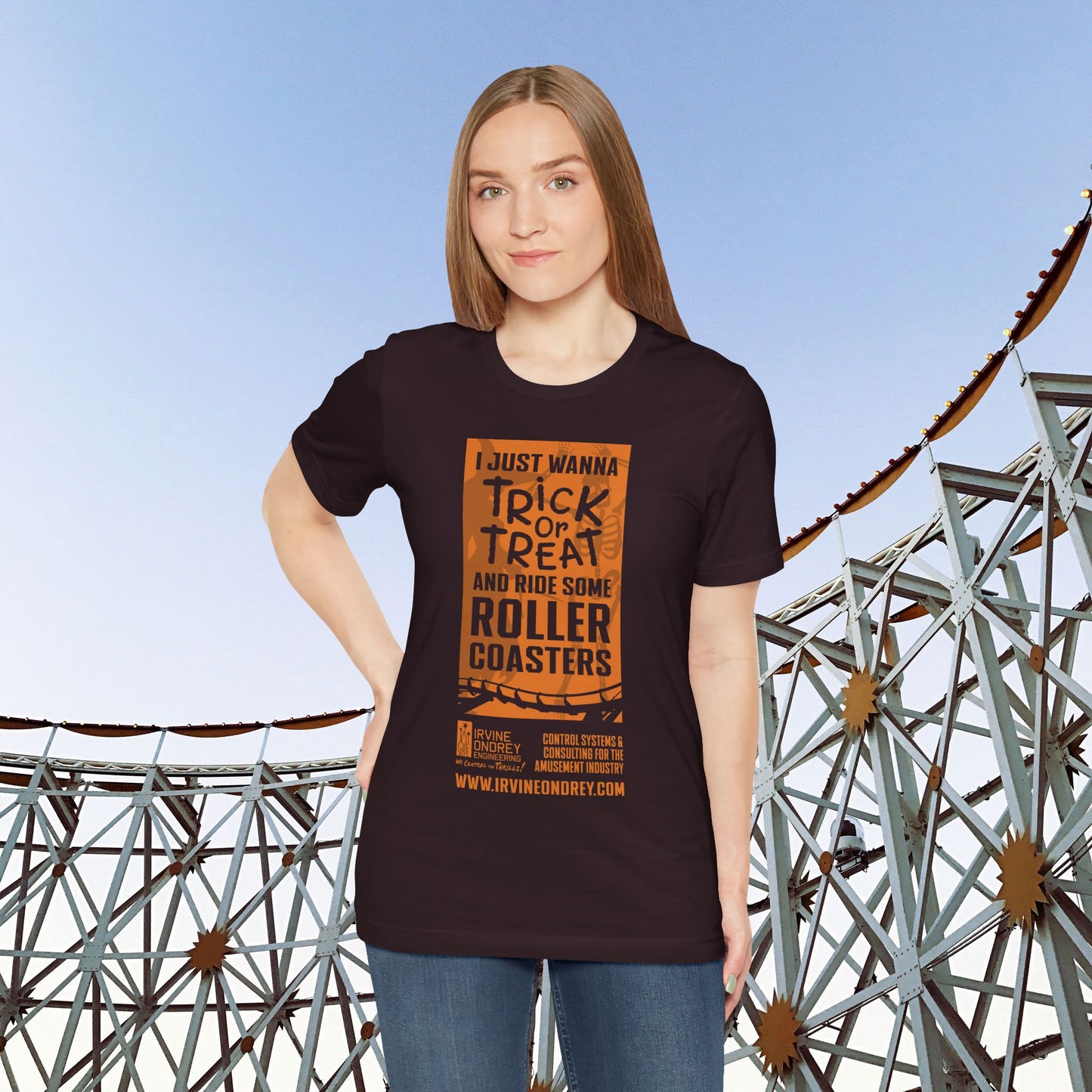 I Just Wanna Trick-or-Treat & Roller Coasters Tee (FRONT graphic) • Irvine Ondrey Engineering