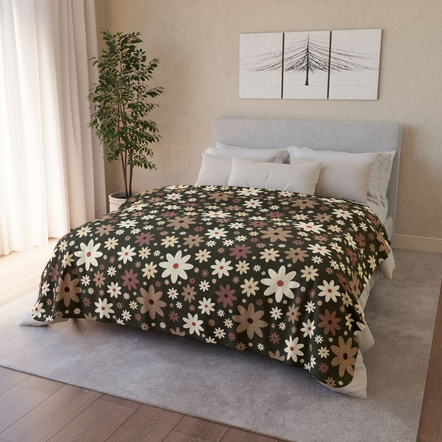 Daisies Fleece Sherpa Olive Green Blanket