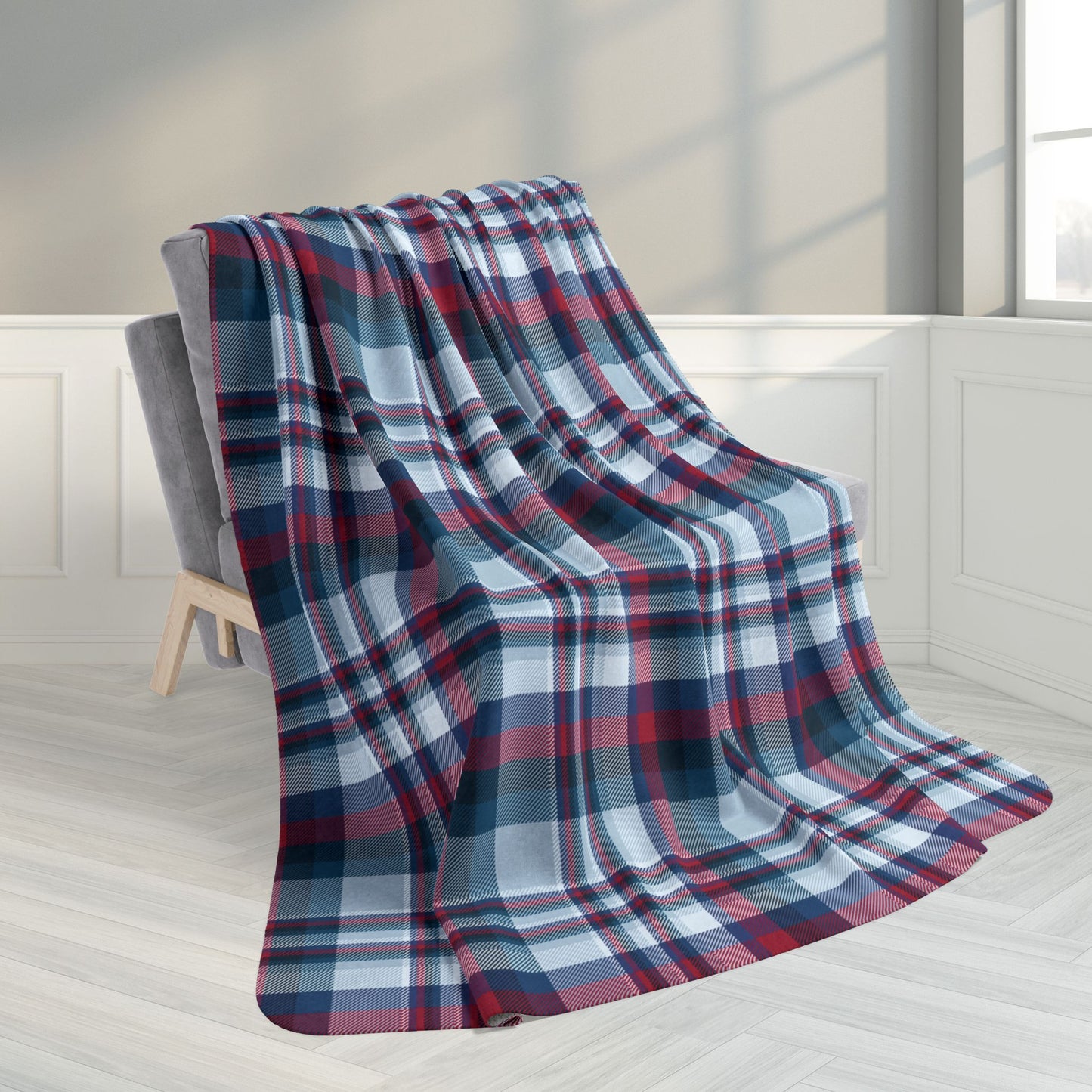 60" × 80" Grey Nautical Blue Plaid Fleece Sherpa Blanket