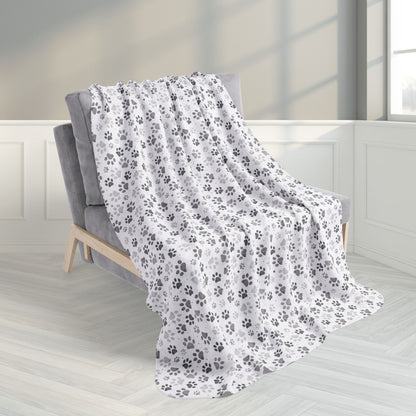 50" × 60" Grey Paw Prints White Fleece Sherpa Blanket