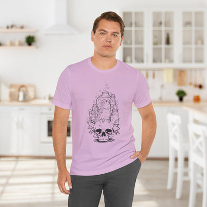 Crazy Scientist Lovebird Sitting on a Skull, Line Art Tee