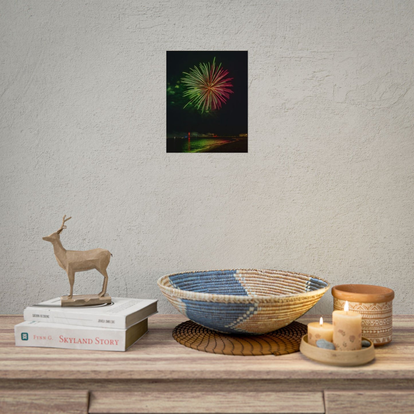 Green & Pink 4th of July Fireworks over Kenosha Pier Light Rolled Poster