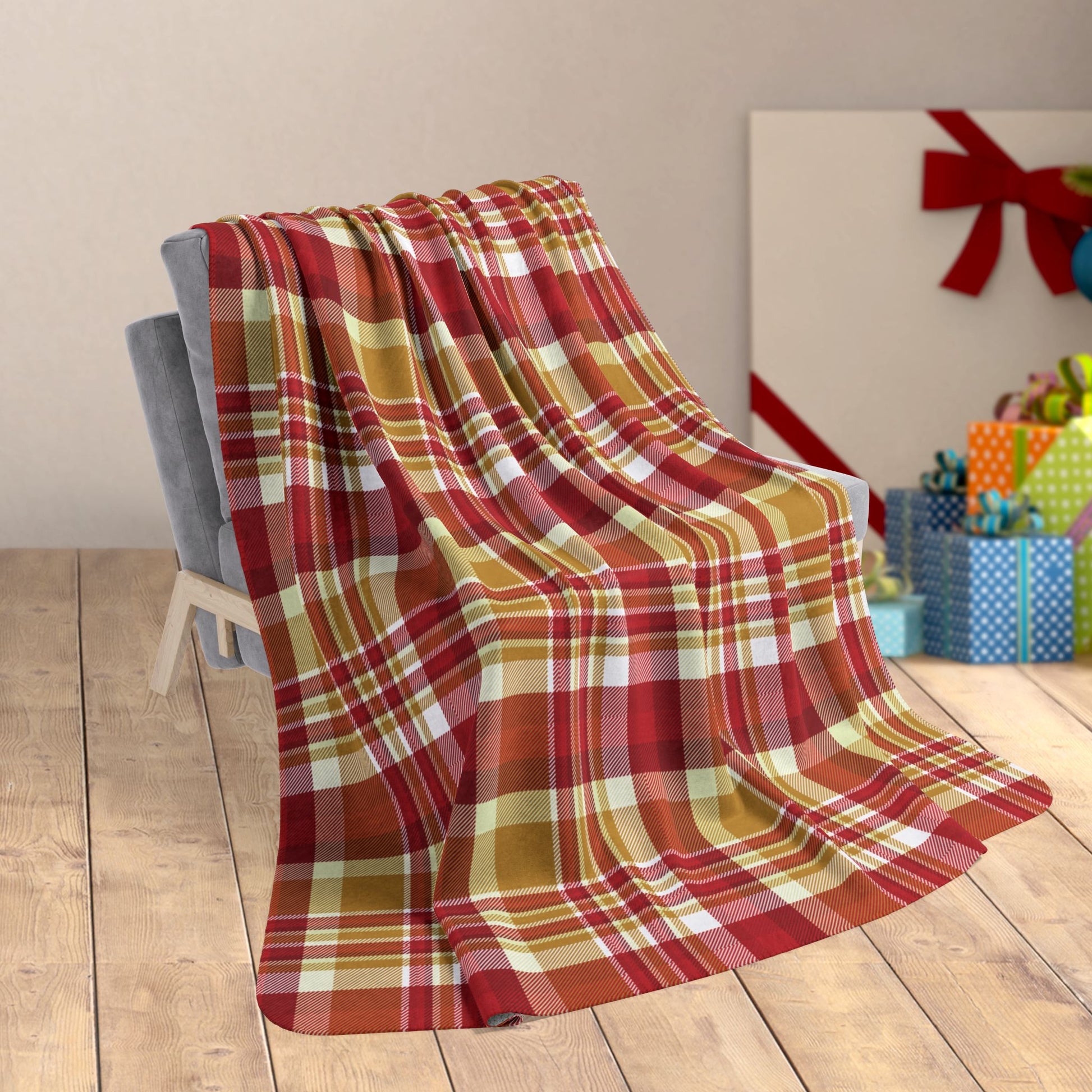 60" × 80" Christmas Gold & Red Plaid Fleece Sherpa Blanket