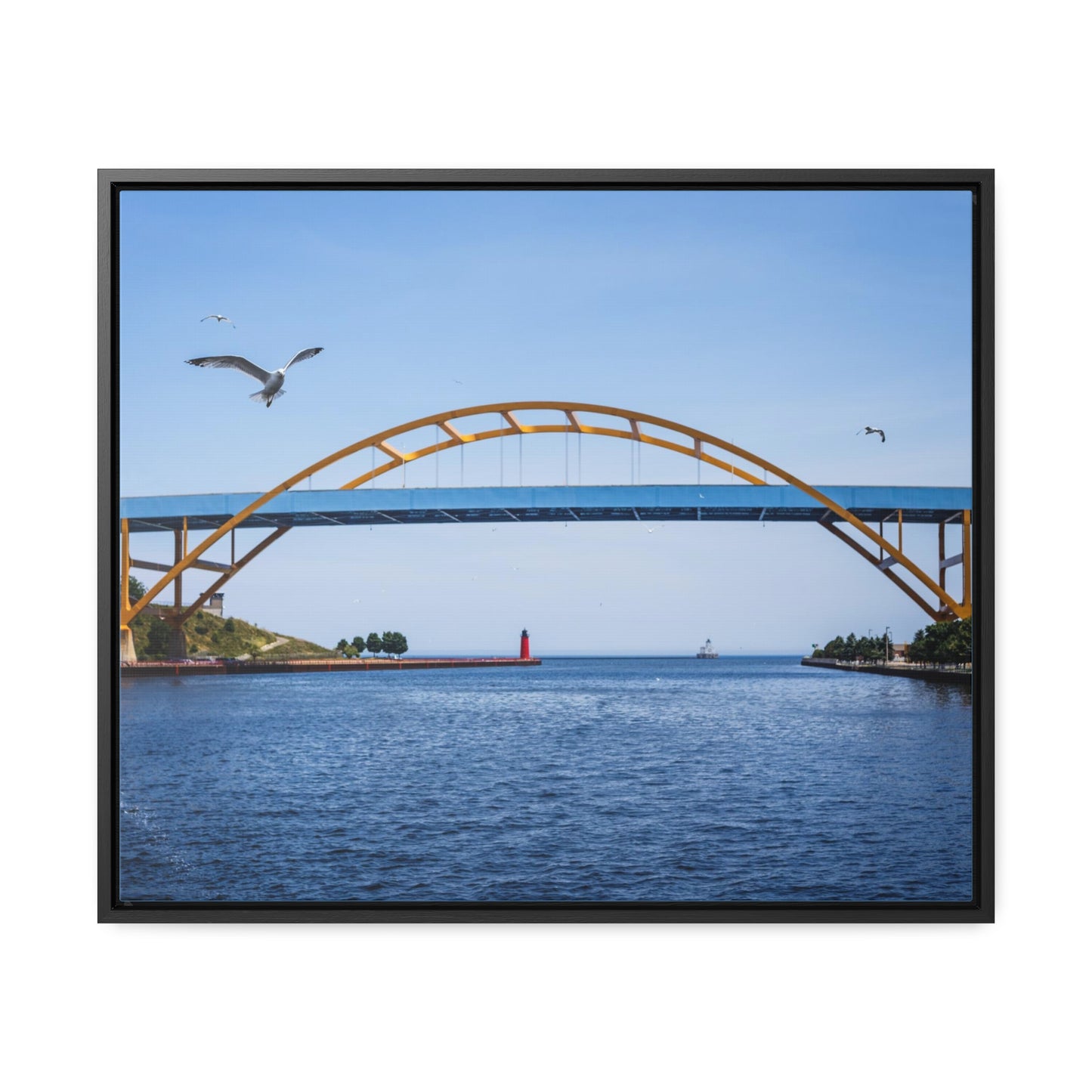 Milwaukee, Wisconsin’s Hoan Bridge and Seagulls, Photography Framed Canvas Wrap Wall Art