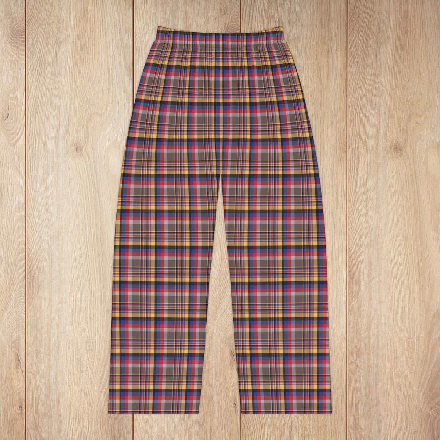 Women’s Brown, Silver, Red & Blue Santa Claus IN Plaid Pajama Pants