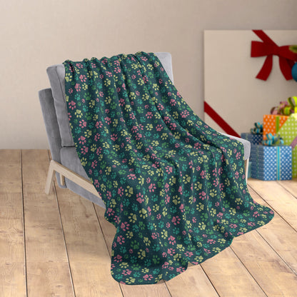 50" × 60" MCM Christmas Green Paw Prints Fleece Sherpa Blanket
