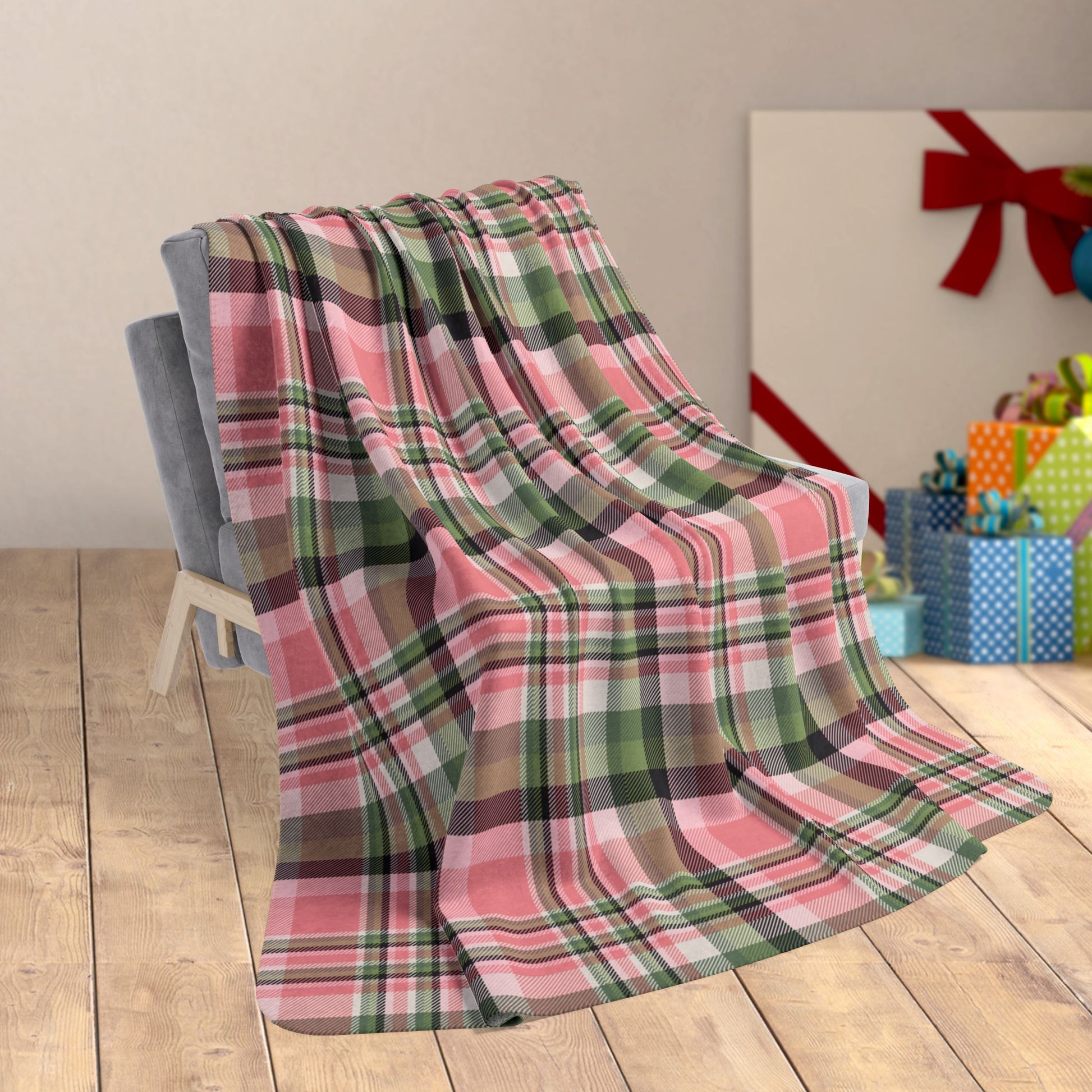 60" × 80" Christmas Pink & Green Plaid Fleece Sherpa Blanket