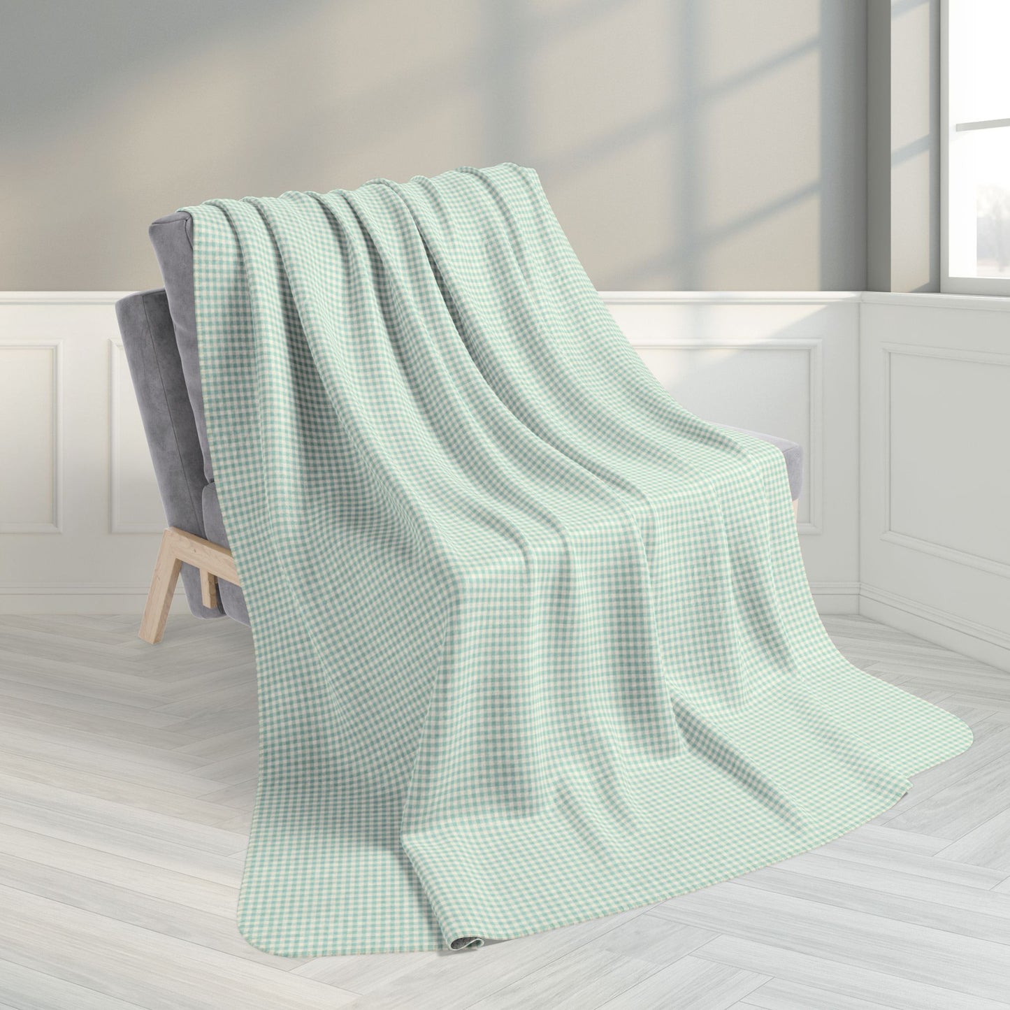 60" × 80" Grey Mint Green & Cream Gingham Fleece Sherpa Blanket