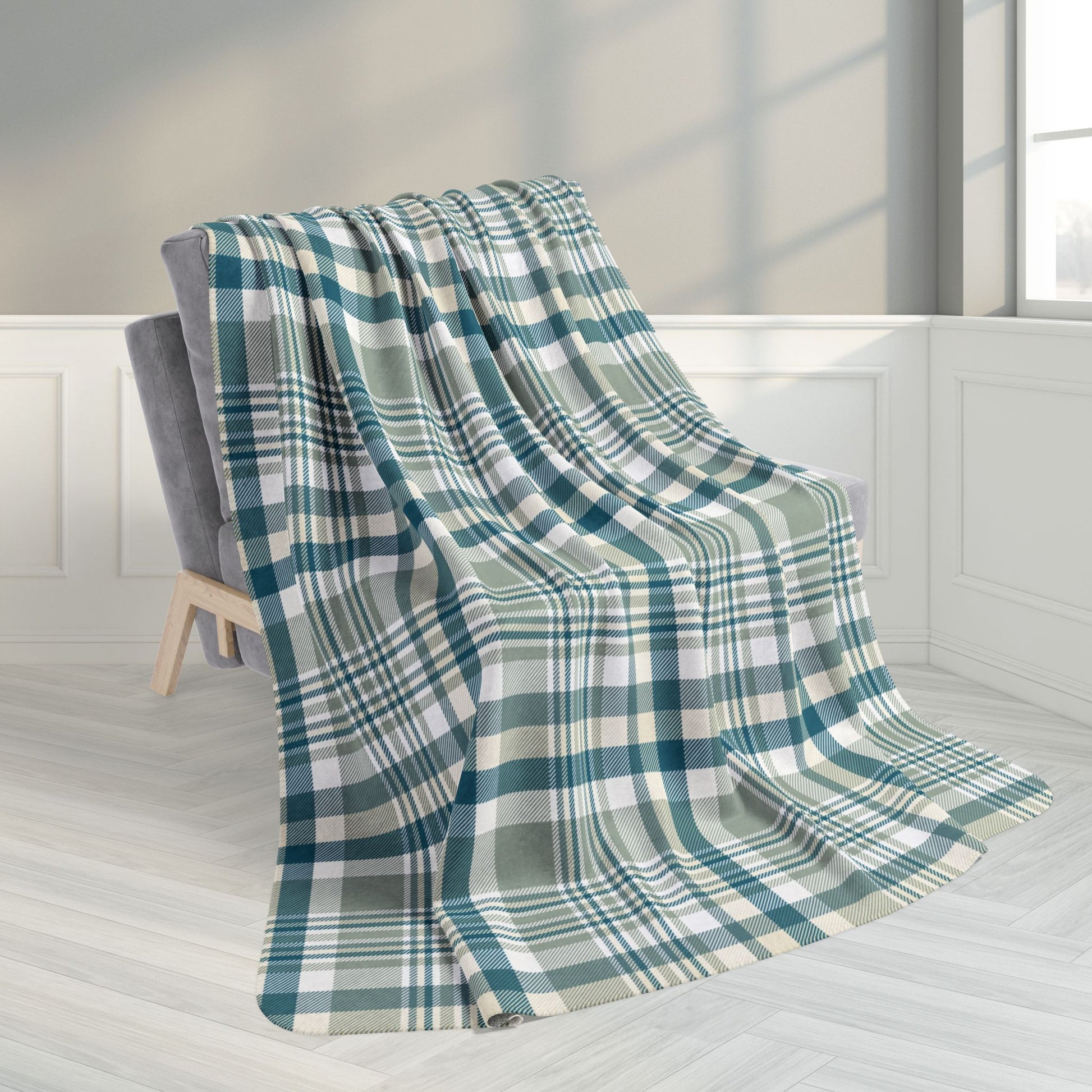 60" × 80" Grey Winter Green Plaid Fleece Sherpa Blanket
