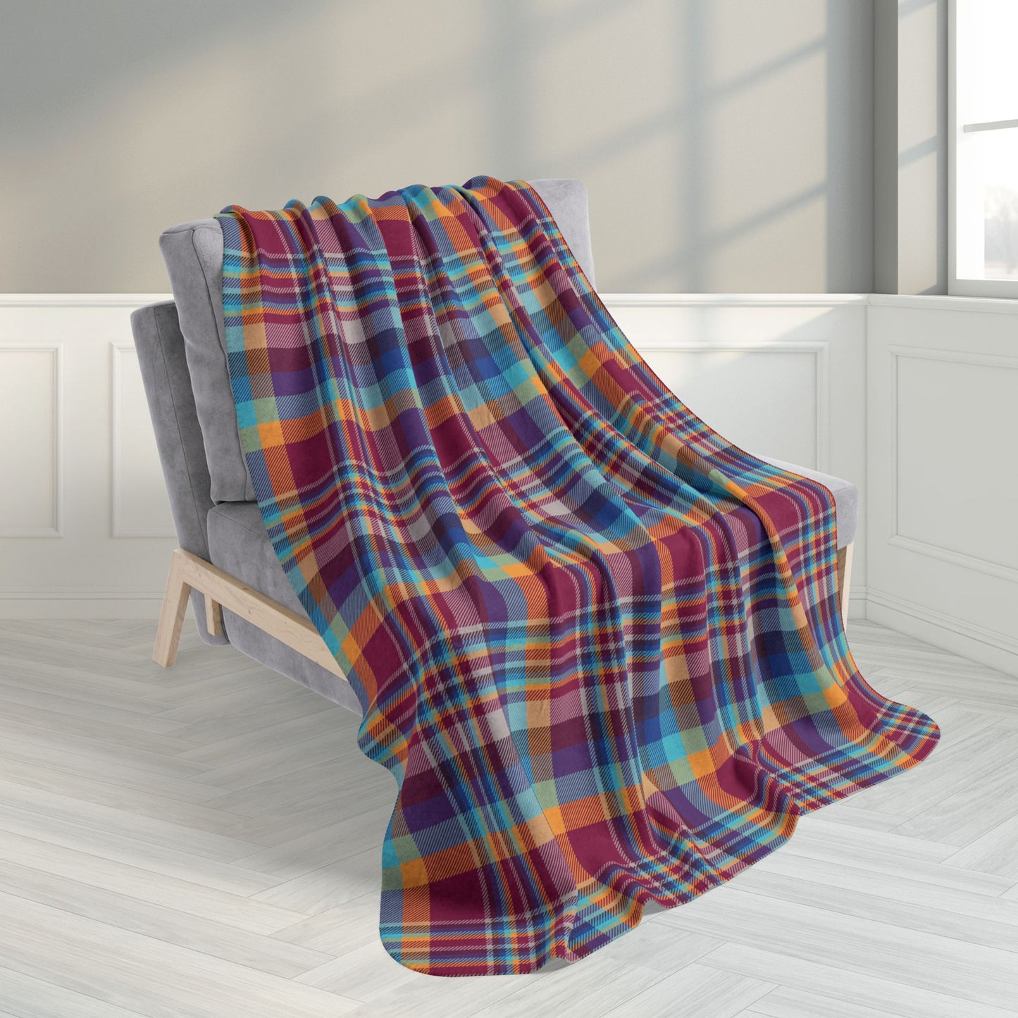 50" × 60" Raspberry, Blue, Teal & Purple Mason OH Plaid Fleece Sherpa Blanket
