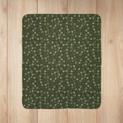 Olive Green Paw Prints Fleece Sherpa Blanket