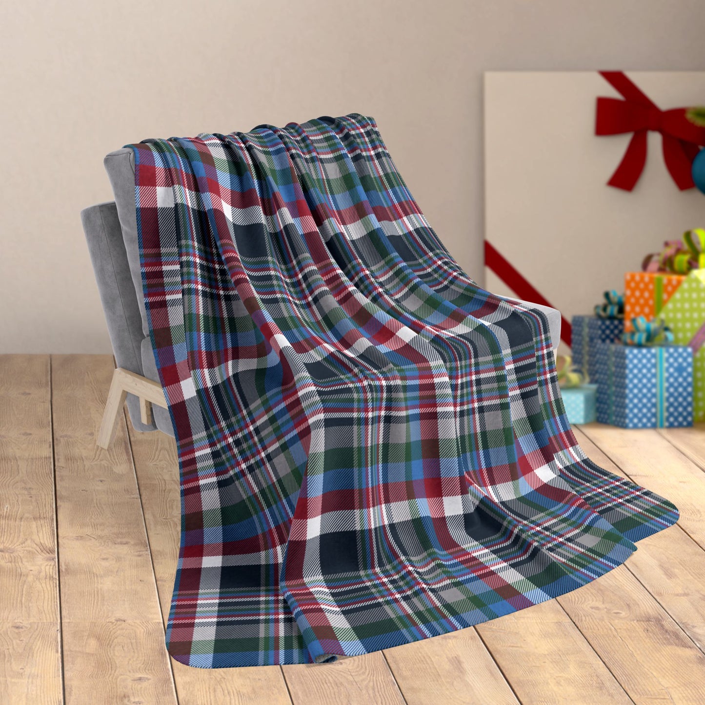 60" × 80" Grey Christmas Blue & Red Houston TX Plaid Fleece Sherpa Blanket
