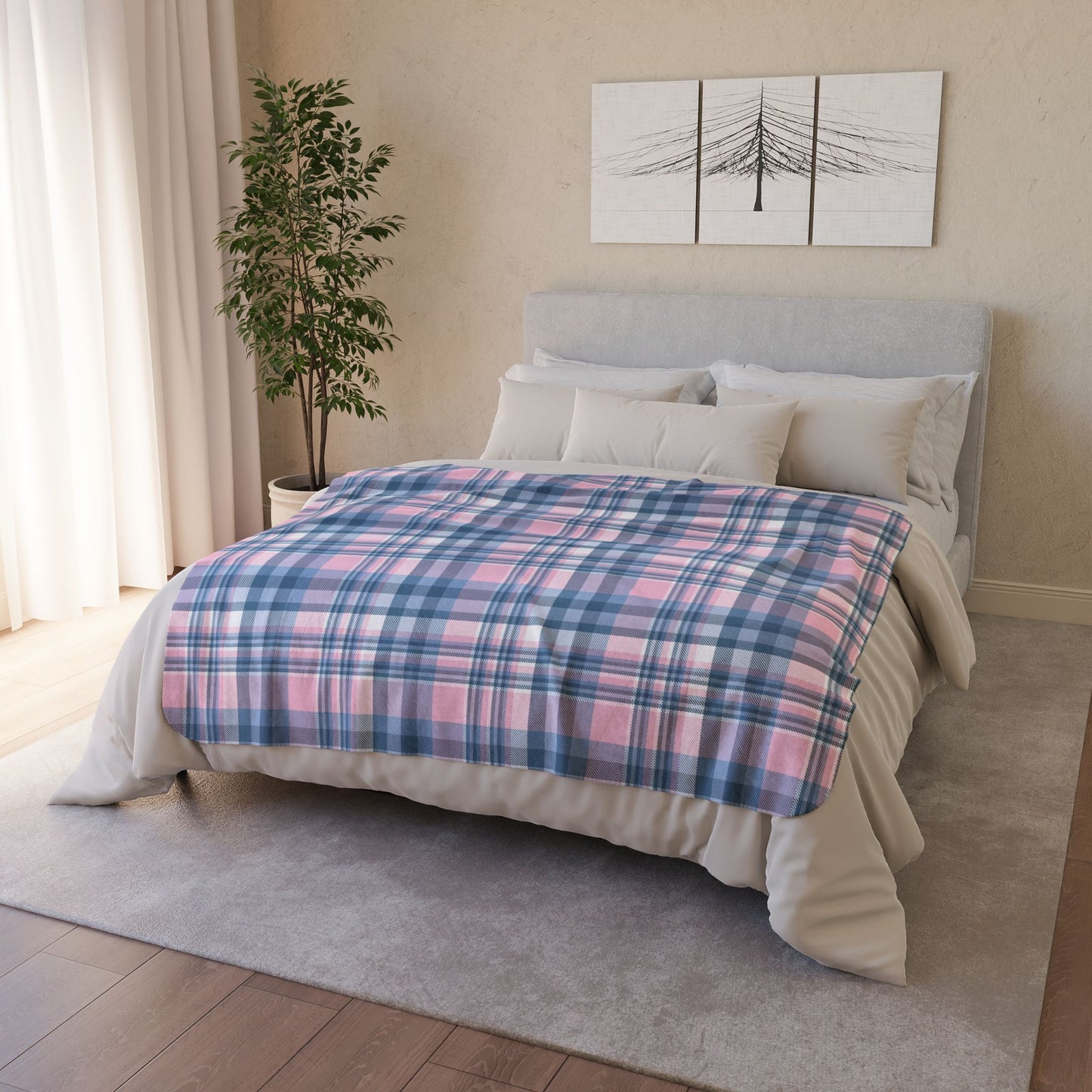 Baby Pink & Blue Plaid Fleece Sherpa Blanket