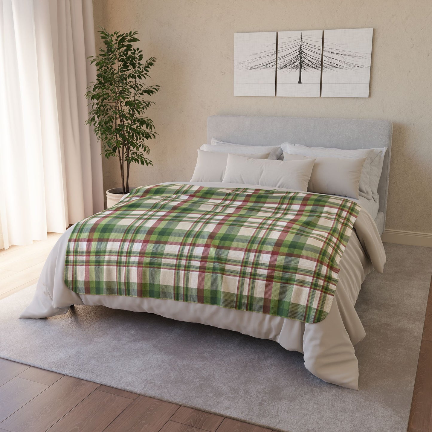 Christmas Green & Cream Plaid Fleece Sherpa Blanket