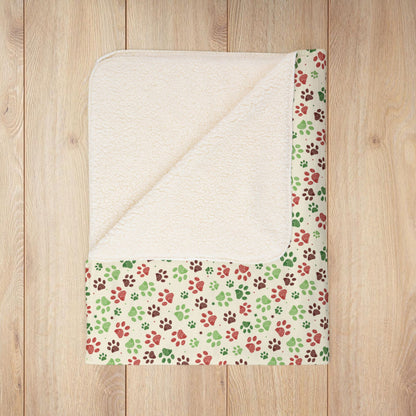 Christmas Paw Prints Cream Fleece Sherpa Blanket