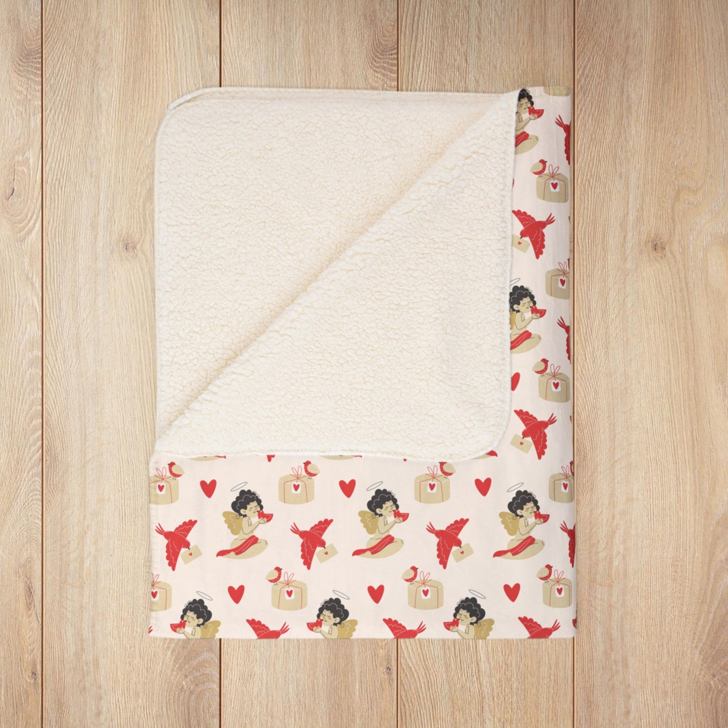 Vintage Cupid & Red Bird Valentine’s Day Fleece Sherpa Blanket
