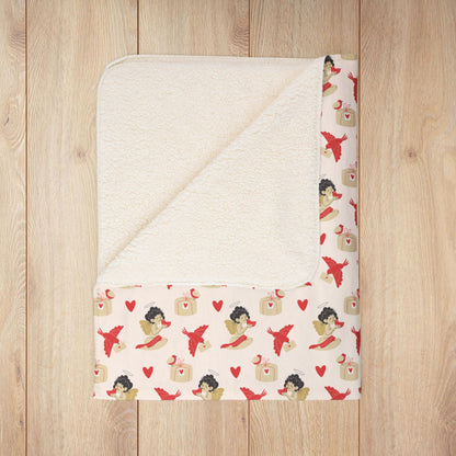 Vintage Cupid & Red Bird Valentine’s Day Fleece Sherpa Blanket