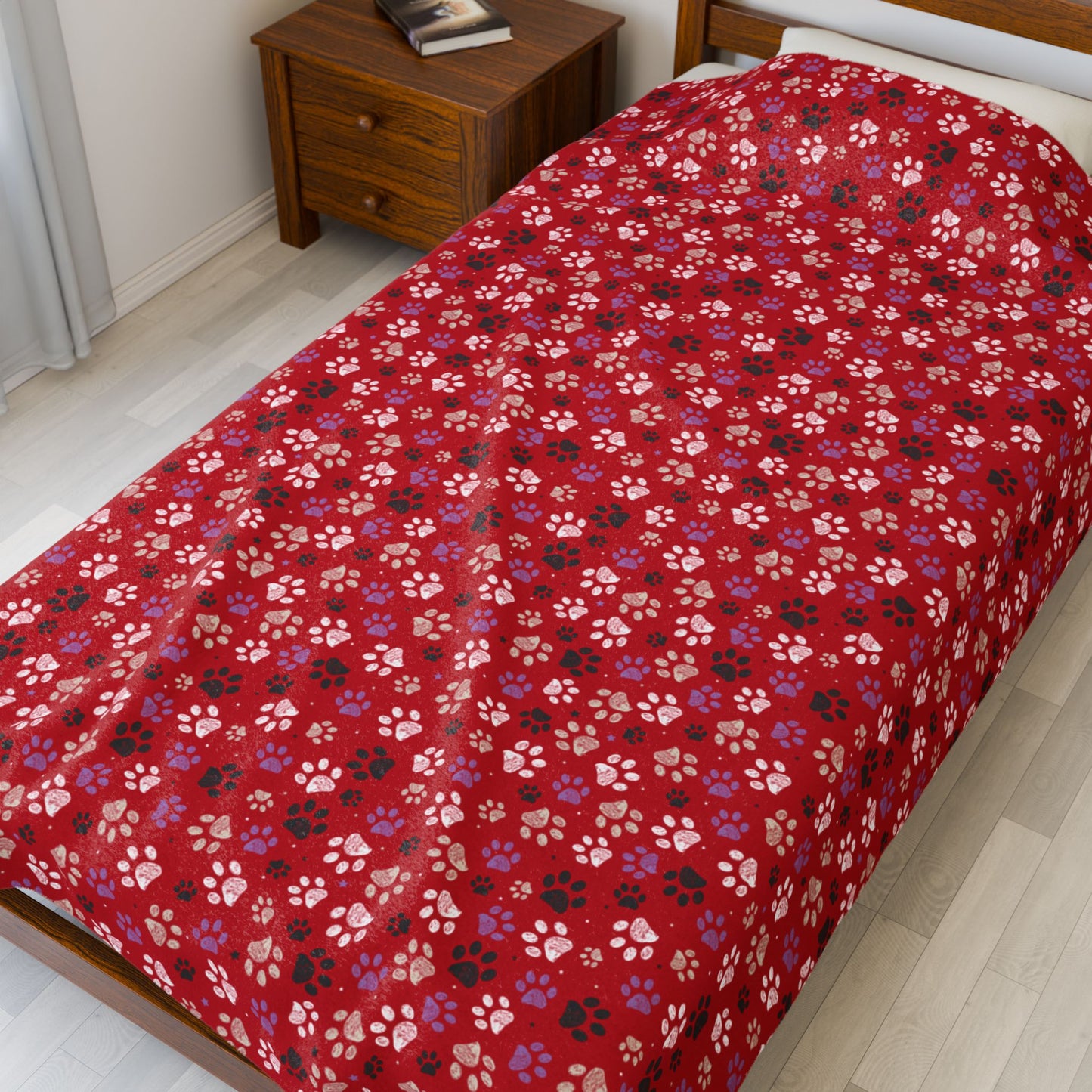 Black, White & Purple Paw Prints Red Velveteen Plush Blanket