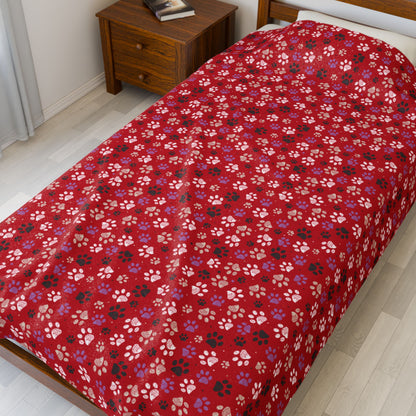 Black, White & Purple Paw Prints Red Velveteen Plush Blanket