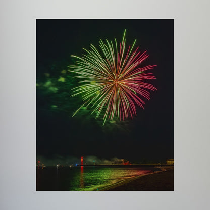 Green & Pink 4th of July Fireworks over Kenosha Pier Light Rolled Poster
