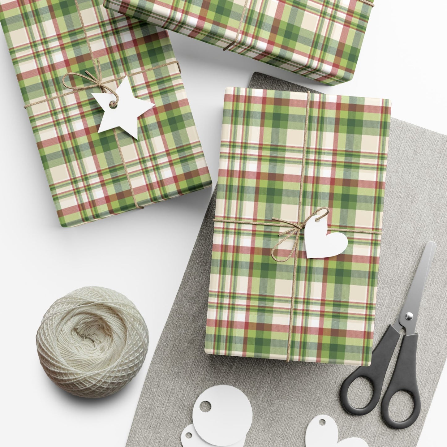 29'' x 144" Matte Christmas Green, Cream & Red Plaid Gift Wrapping Paper Roll