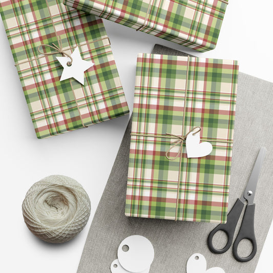 29'' x 144" Matte Christmas Green, Cream & Red Plaid Gift Wrapping Paper Roll
