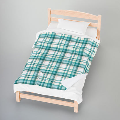 Coastal Teal Plaid Velveteen Plush Blanket