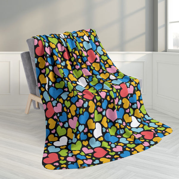 60" × 80" Queer Pride Hearts Black Fleece Sherpa Blanket