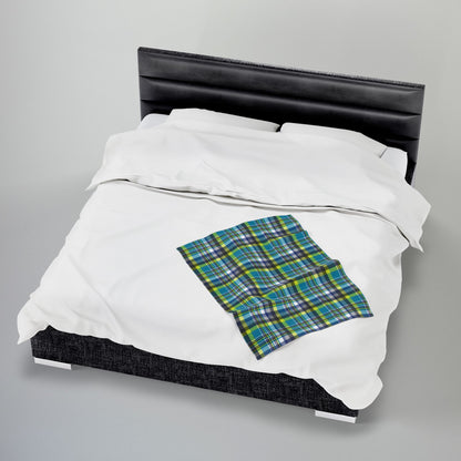 Teal & Neon Green Charlotte NC & Fort Mill SC Plaid Velveteen Plush Blanket