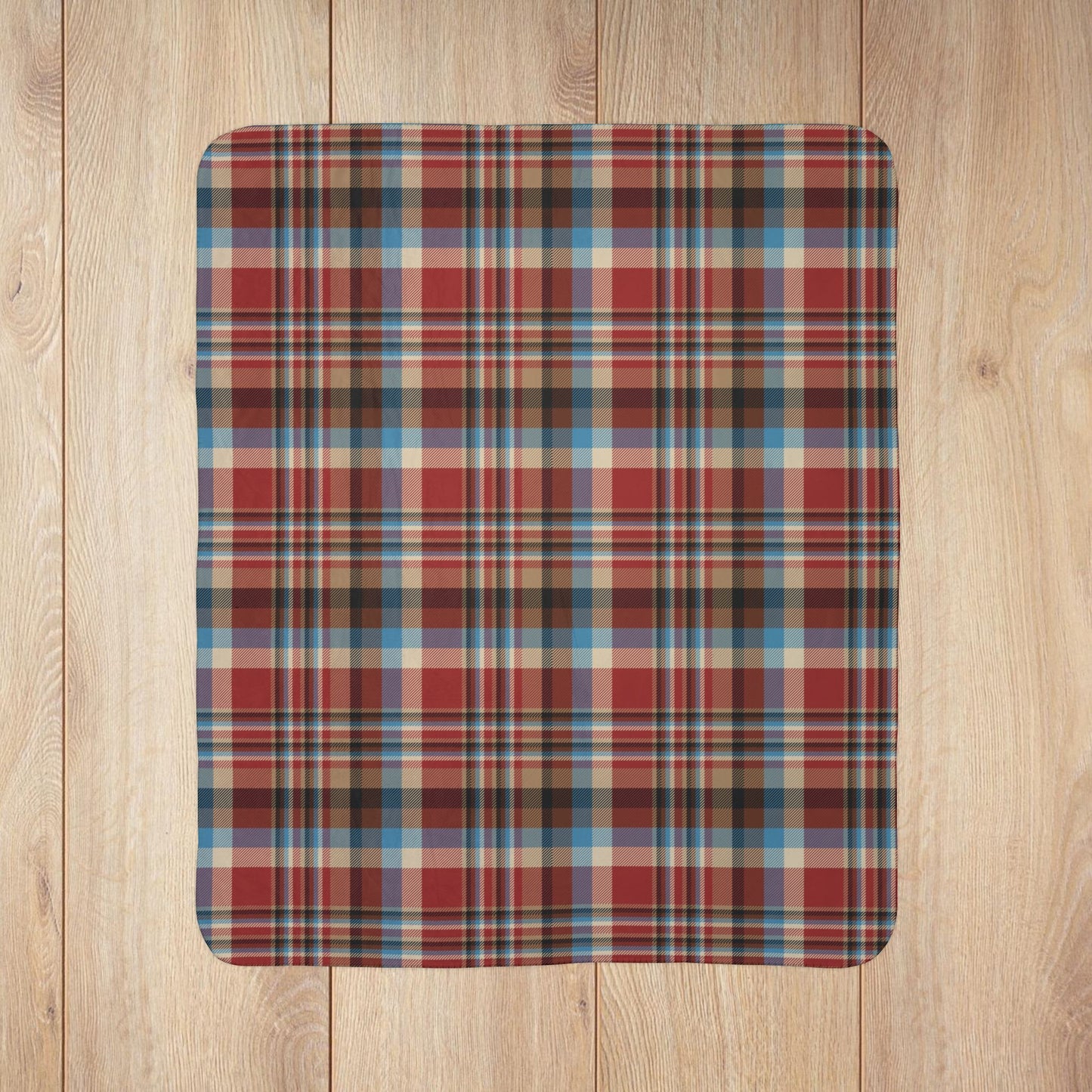 Rustic Red, Cream, Brown & Blue Plaid Fleece Sherpa Blanket