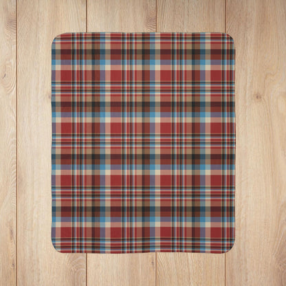 Rustic Red, Cream, Brown & Blue Plaid Fleece Sherpa Blanket