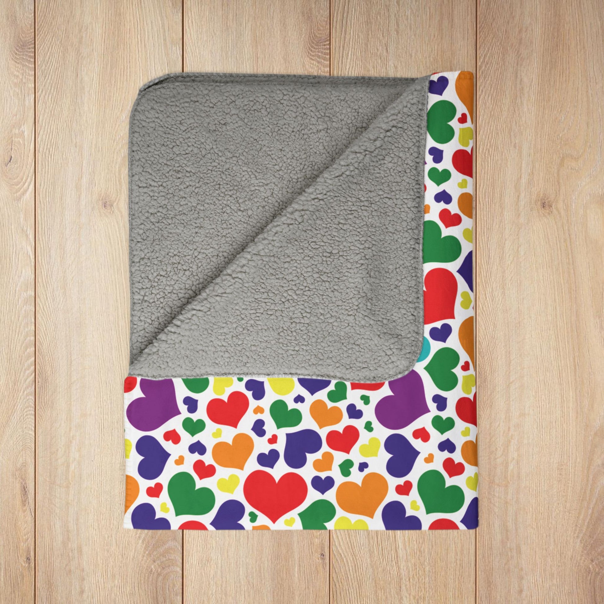 Rainbow 7-Color Pride Valentine’s Day Hearts White Fleece Sherpa Blanket
