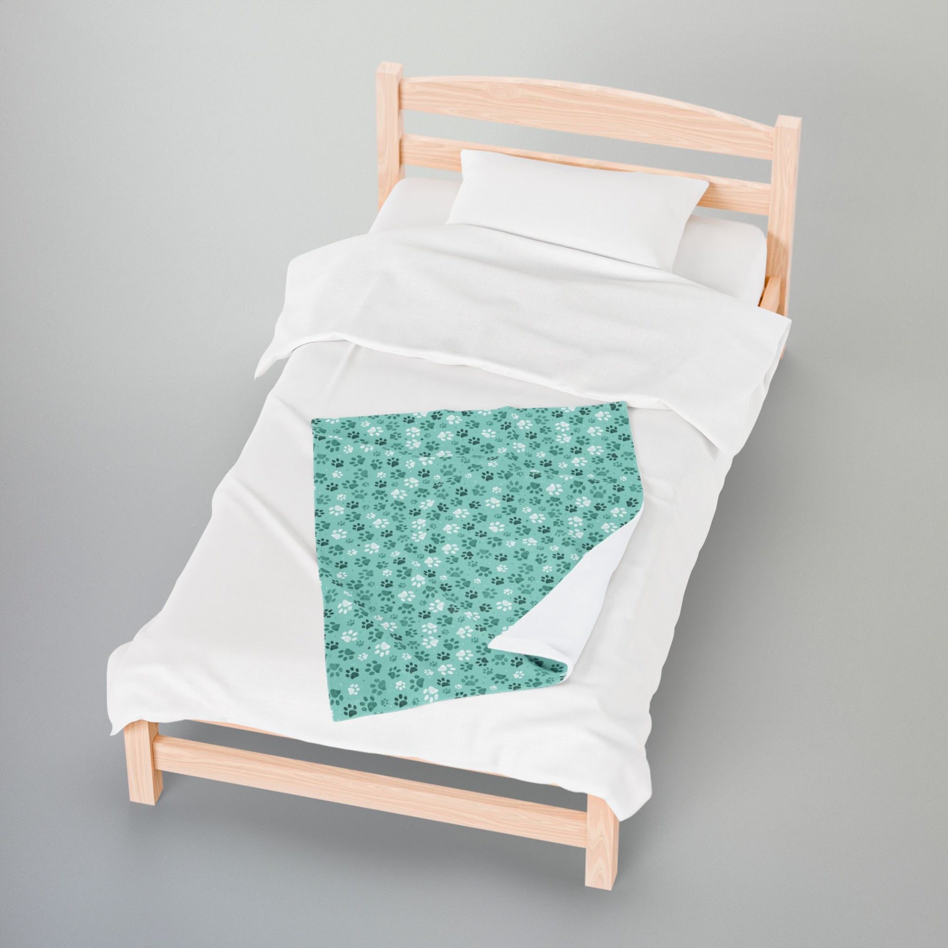 Seagreen Paw Prints Velveteen Plush Blanket