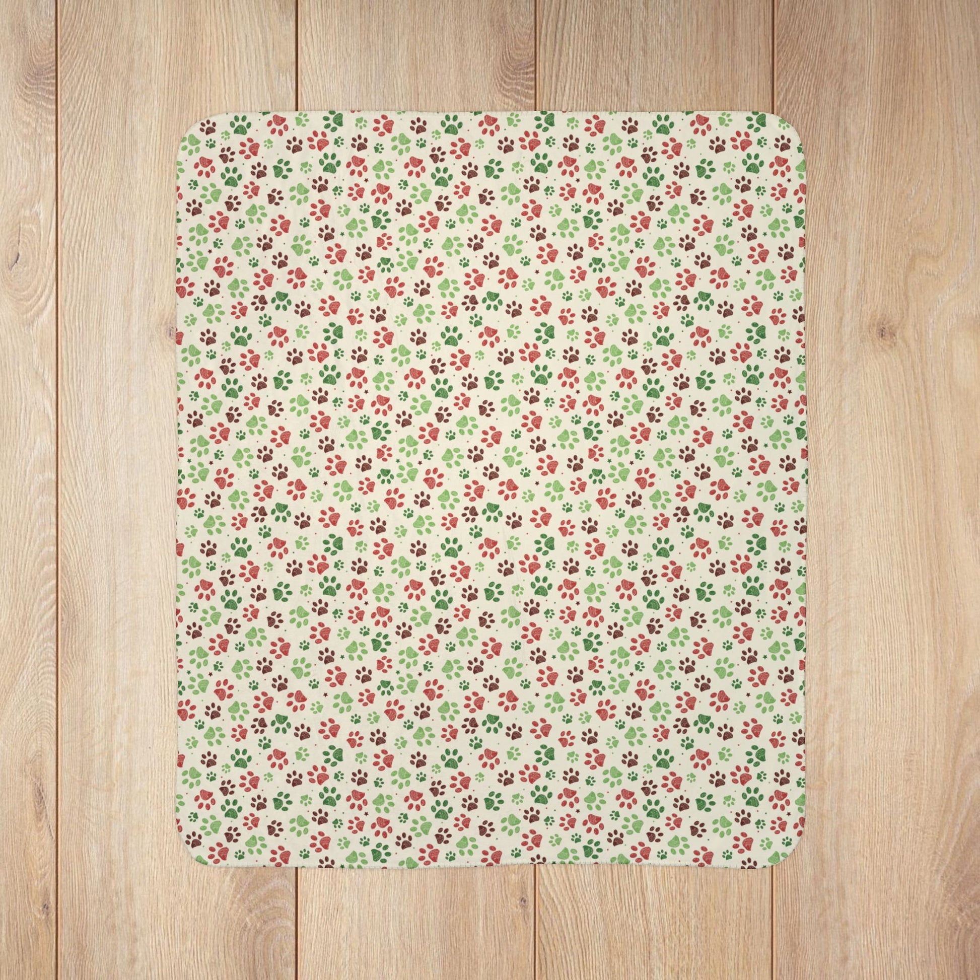 Christmas Paw Prints Cream Fleece Sherpa Blanket