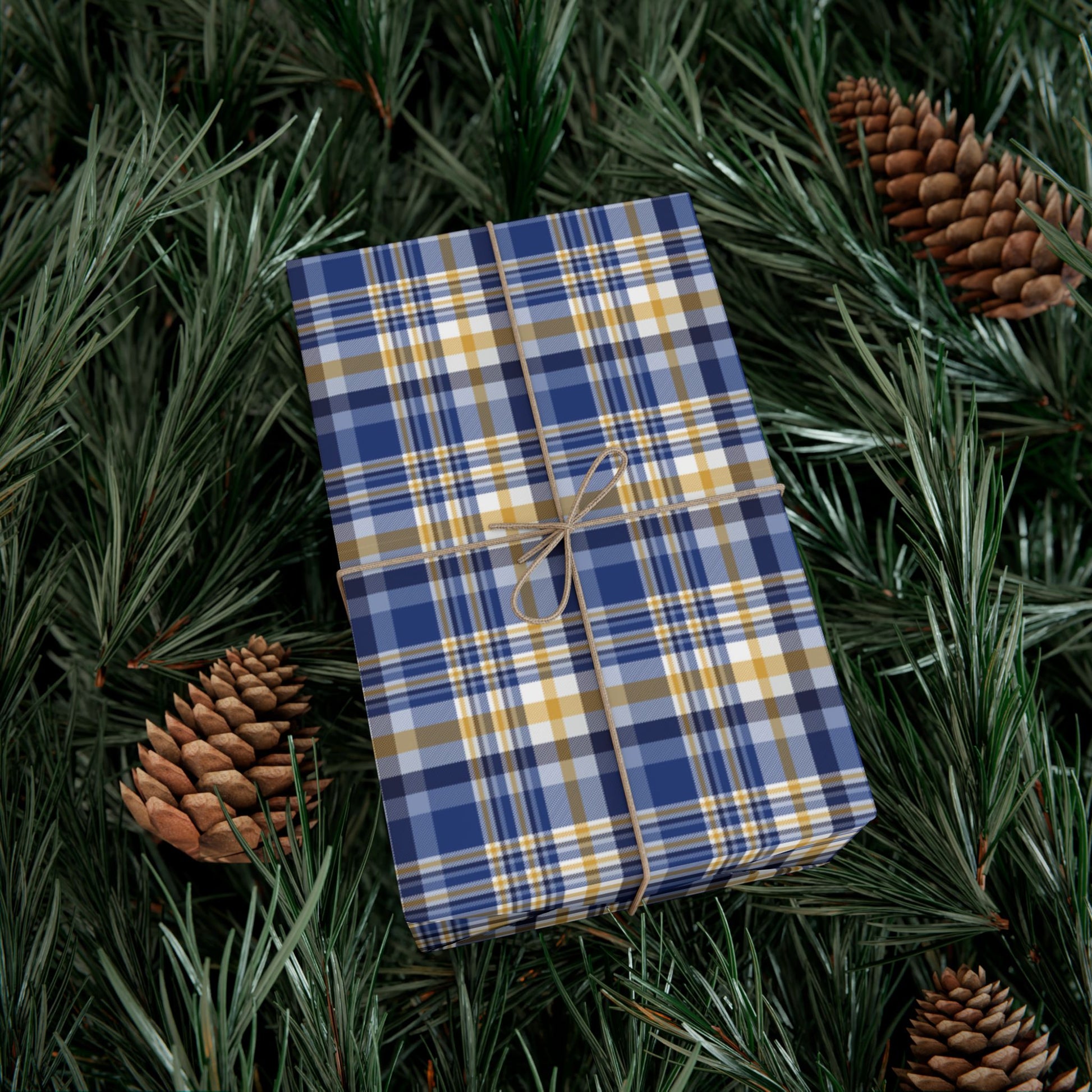 Hannukah Dark Blue, White & Gold Plaid Gift Wrapping Paper Roll