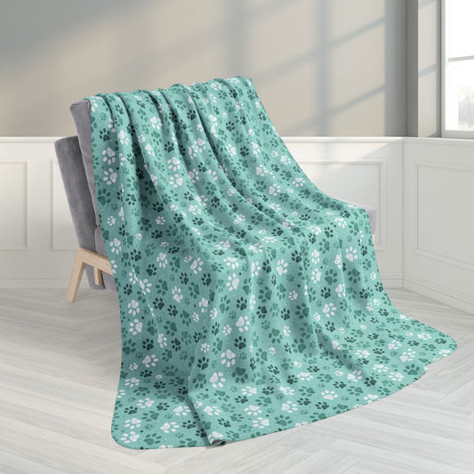 60" × 80" Seagreen Paw Prints Fleece Sherpa Blanket