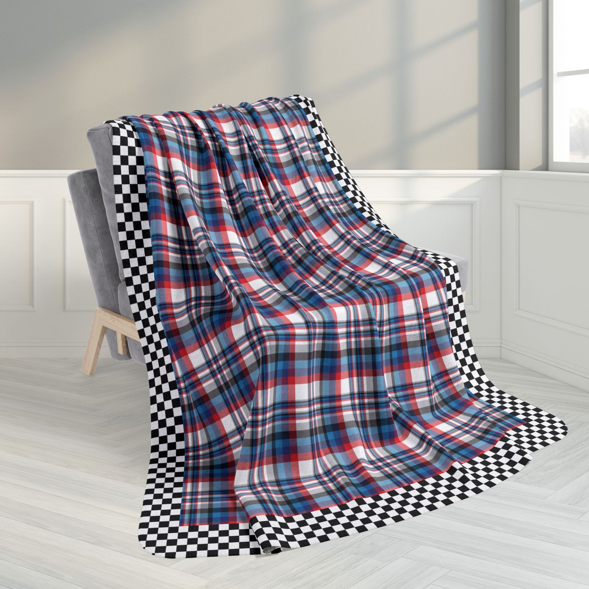 60" × 80" White, Red, Blue & Grey Ohio Plaid with Checkered Edge Fleece Sherpa Blanket