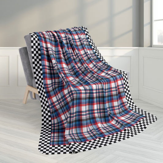 60" × 80" White, Red, Blue & Grey Ohio Plaid with Checkered Edge Fleece Sherpa Blanket
