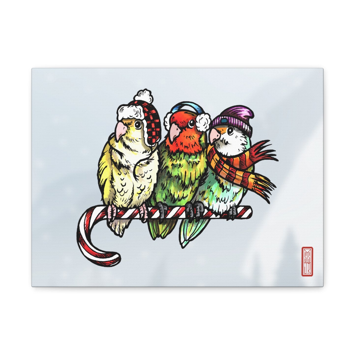 3 Lovebirds with Winter Wear & Perched on a Candy Cane, Canvas Wrap Wall Art