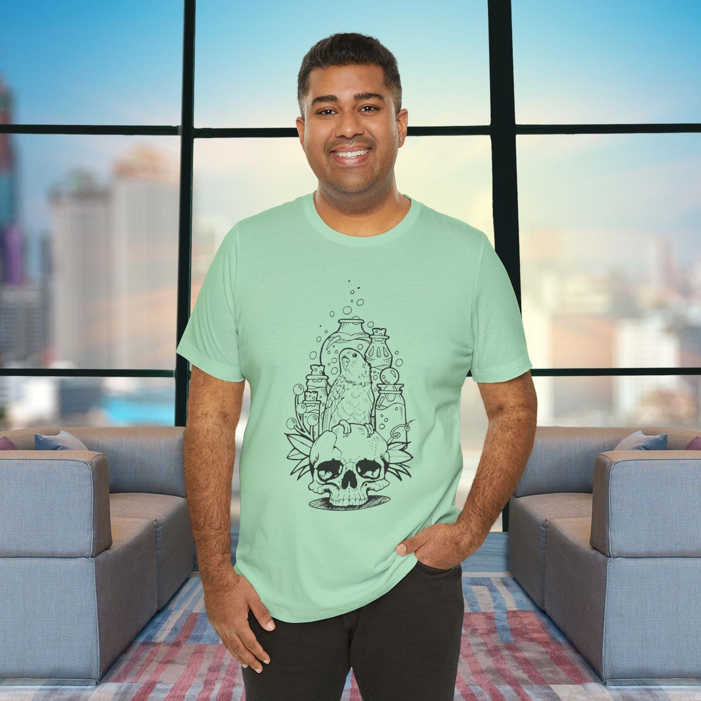 Crazy Scientist Lovebird Sitting on a Skull, Line Art Tee