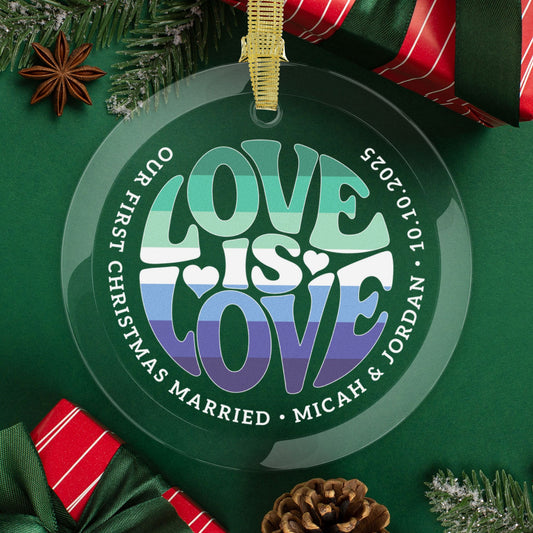 Round One Size Custom Glass Love is Love Gay Men 5-Stripe Pride 3.5" Circle Ornaments