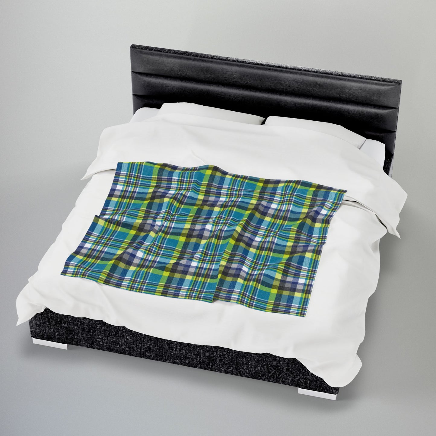 Teal & Neon Green Charlotte NC & Fort Mill SC Plaid Velveteen Plush Blanket