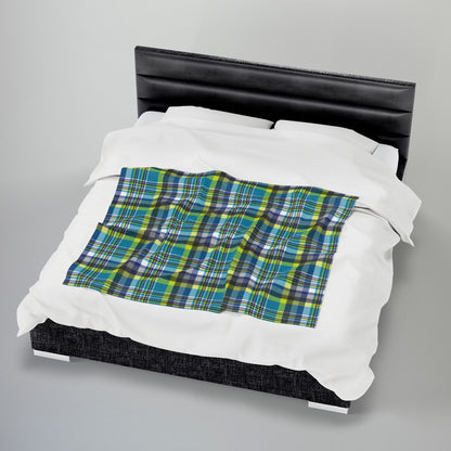 Teal & Neon Green Charlotte NC & Fort Mill SC Plaid Velveteen Plush Blanket