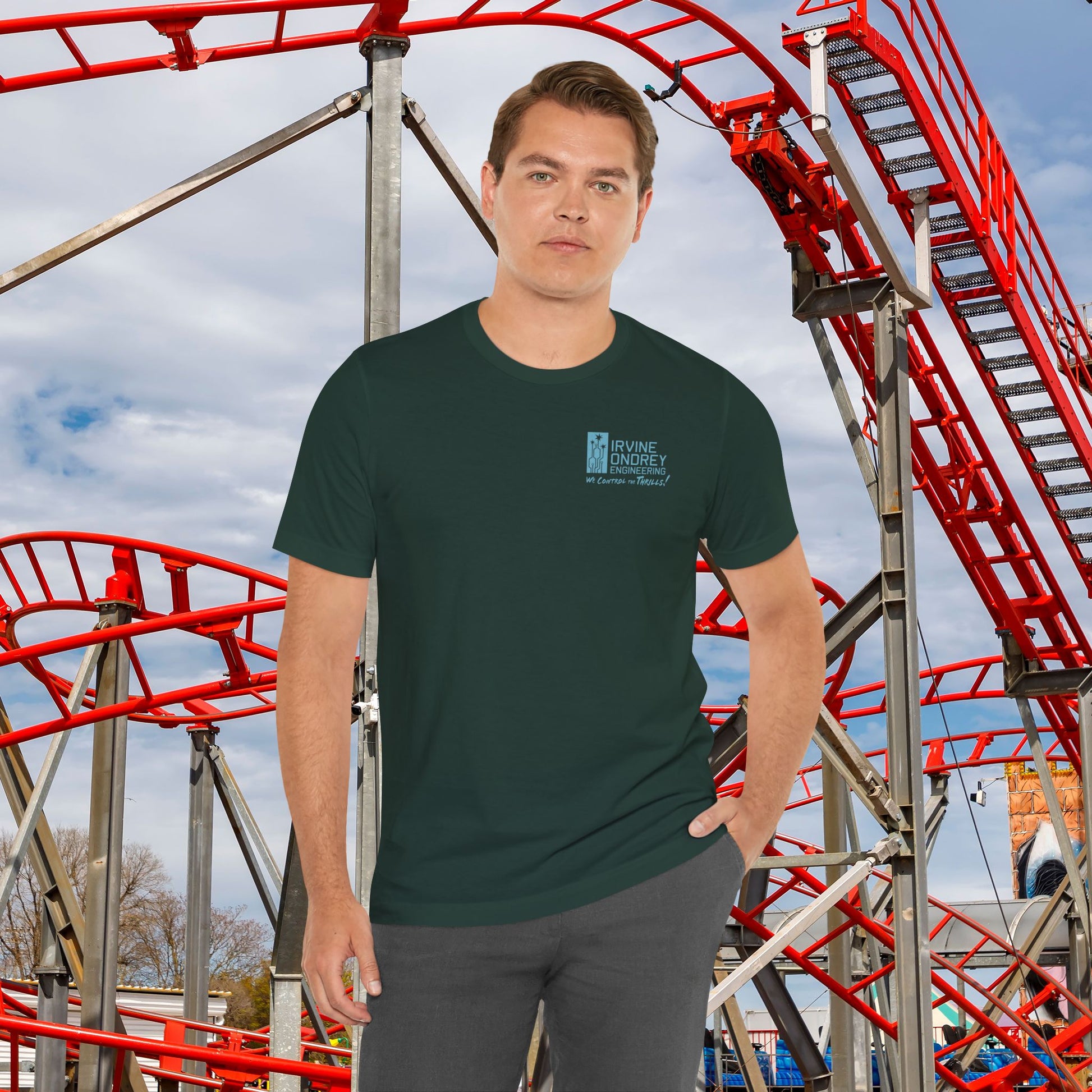 I Just Wanna Ride Dark Rides & Roller Coasters Tee (BACK graphic) • Irvine Ondrey Engineering