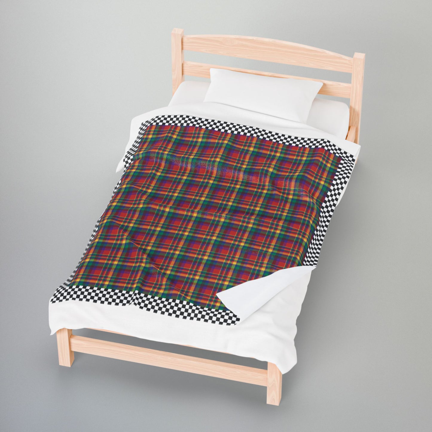 Red, Yellow, Green, Blue & Purple Ohio Plaid with Checkered Edge Velveteen Plush Blanket