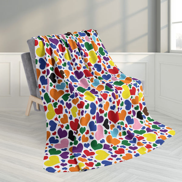 60" × 80" Rainbow Progress Pride Hearts White Fleece Sherpa Blanket