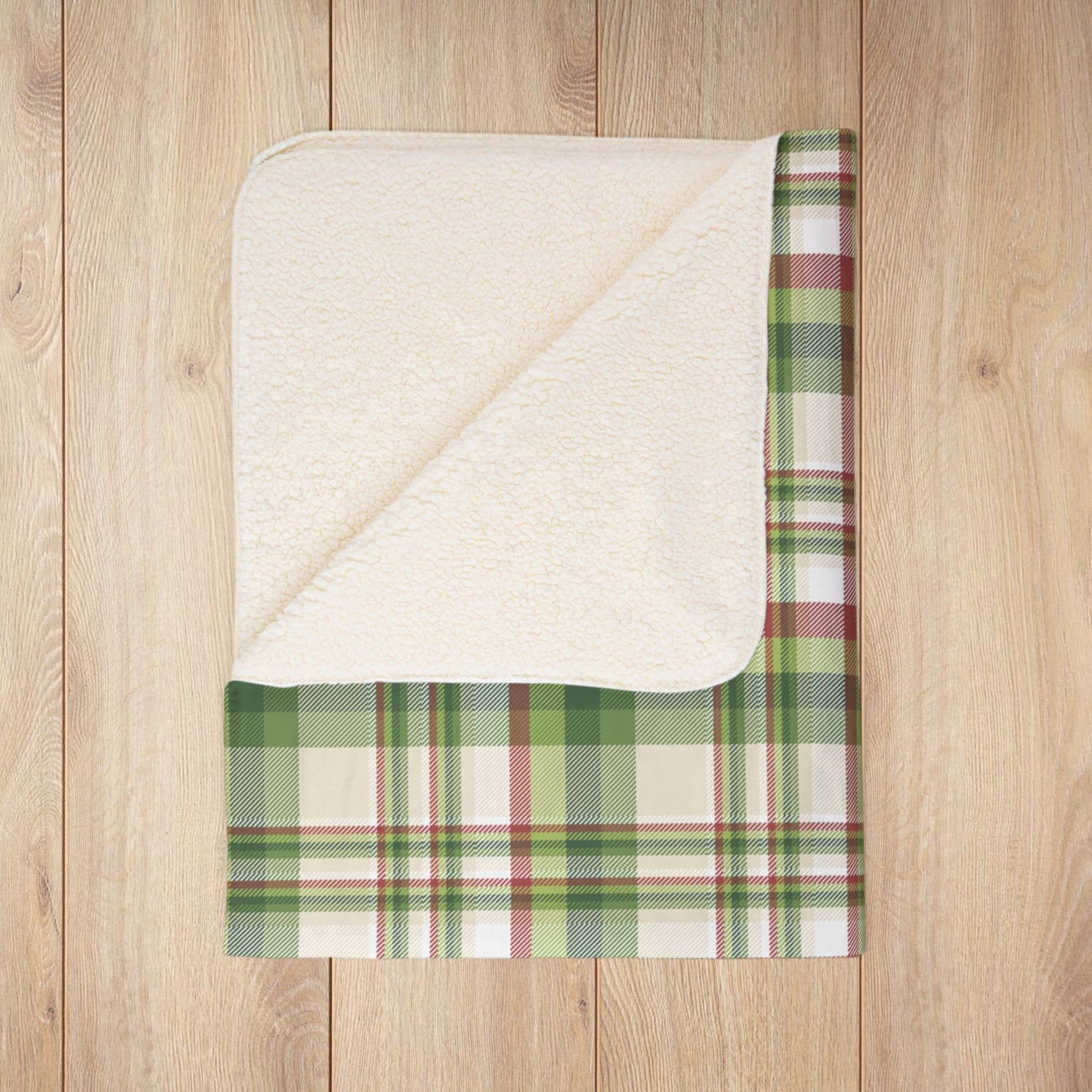 Christmas Green & Cream Plaid Fleece Sherpa Blanket