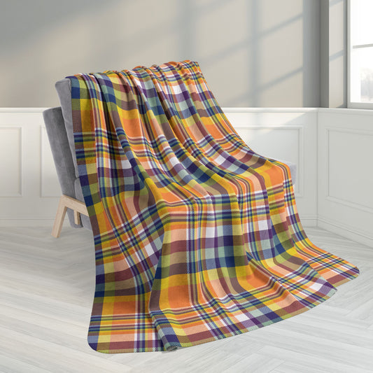 60" × 80" Orange, Yellow, Blue & Purple Doswell VA Plaid Fleece Sherpa Blanket