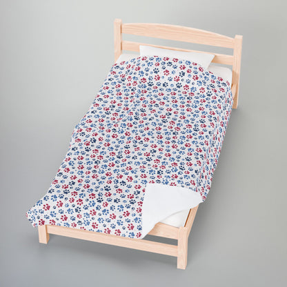 America U.S.A. Red, White & Blue Paw Prints Light Grey Velveteen Plush Blanket